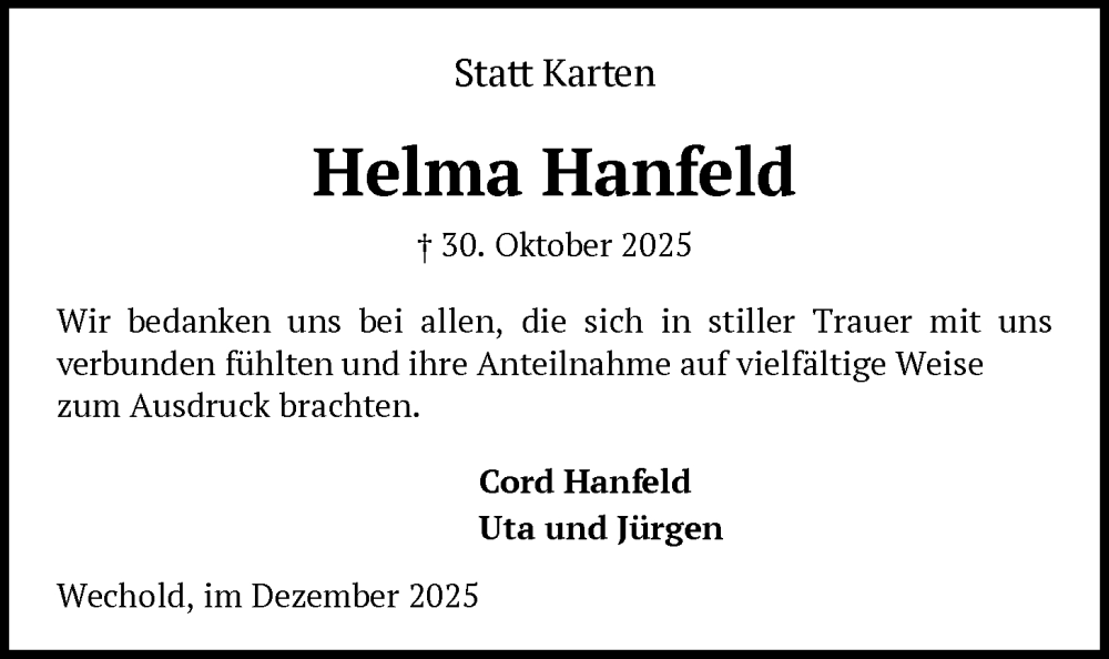  Traueranzeige für Helma Hanfeld vom 20.12.2025 aus SYKS