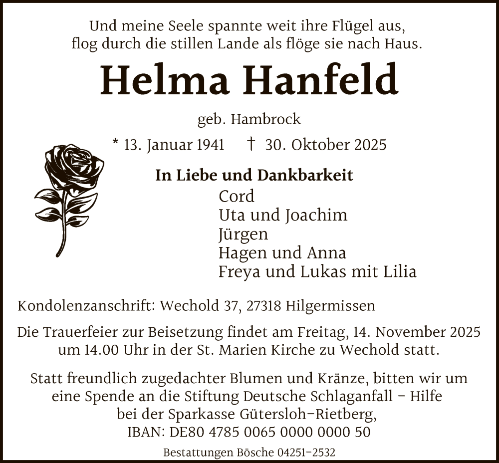  Traueranzeige für Helma Hanfeld vom 08.11.2025 aus SYKS