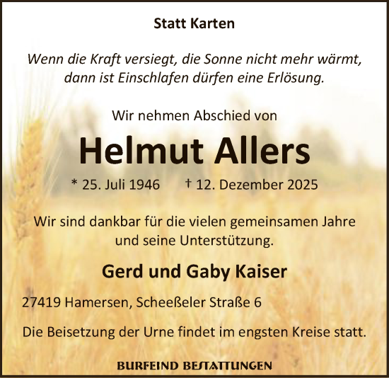Traueranzeige von Helmut Allers von SYKR