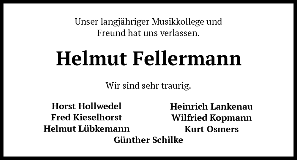  Traueranzeige für Helmut Fellermann vom 24.12.2025 aus SYKS