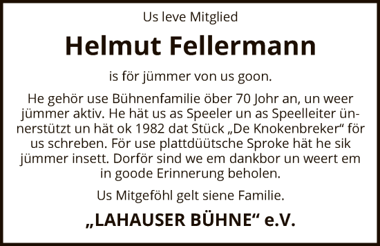 Traueranzeige von Helmut Fellermann von SYKS