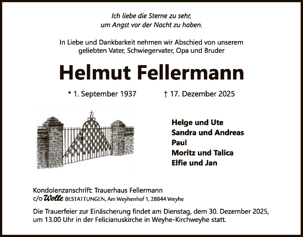  Traueranzeige für Helmut Fellermann vom 24.12.2025 aus SYKS