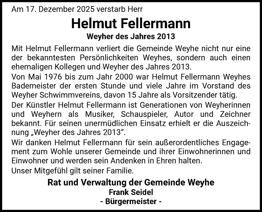  Traueranzeige für Helmut Fellermann vom 24.12.2025 aus SYKS