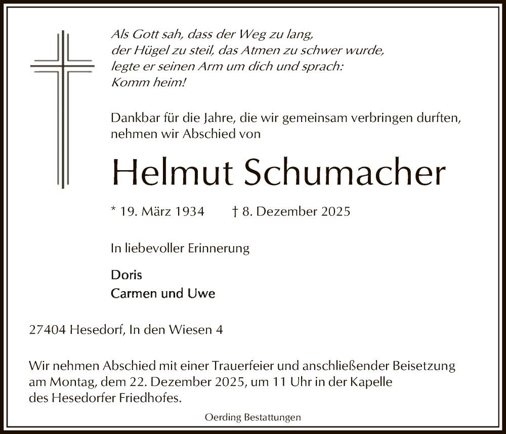  Traueranzeige für Helmut Schumacher vom 13.12.2025 aus SYKR