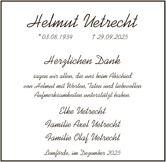 Traueranzeige von Helmut Uetrecht von SYKS