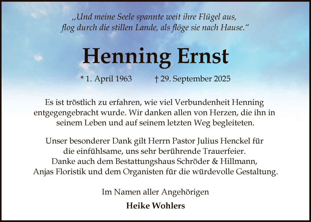  Traueranzeige für Henning Ernst vom 13.12.2025 aus SYKS