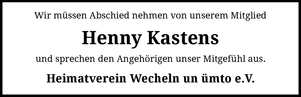  Traueranzeige für Henny Kastens vom 01.12.2025 aus SYKS