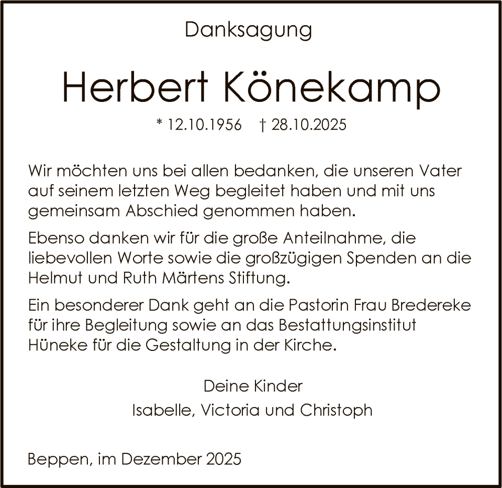 Traueranzeige für Herbert Könekamp vom 06.12.2025 aus SYKS