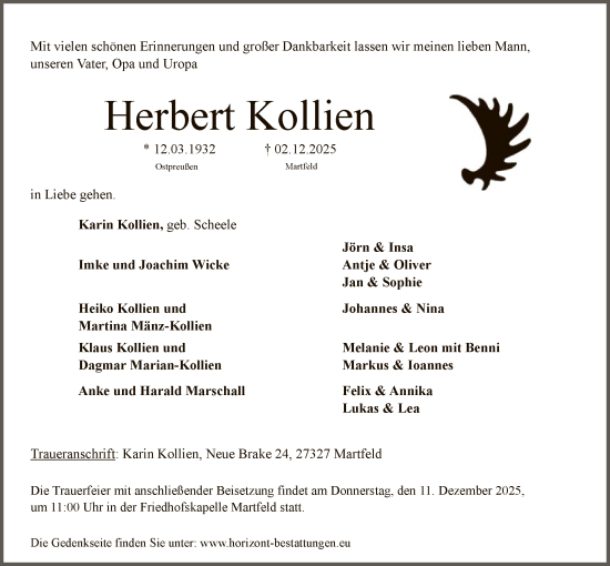 Traueranzeige von Herbert Kollien von SYKS