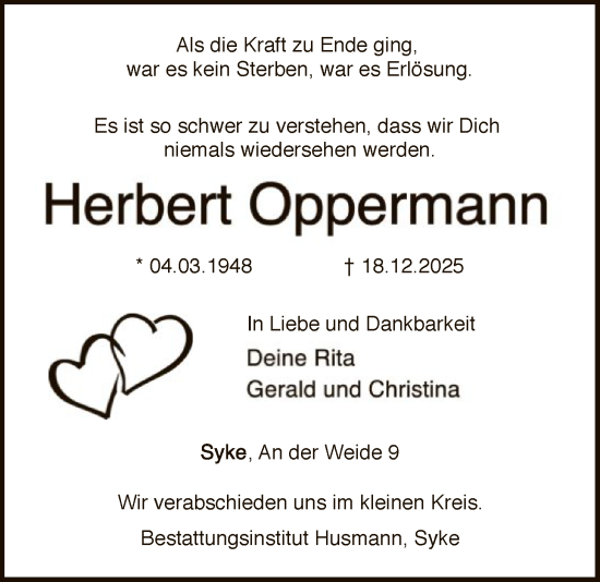 Traueranzeige von Herbert Oppermann von SYKS