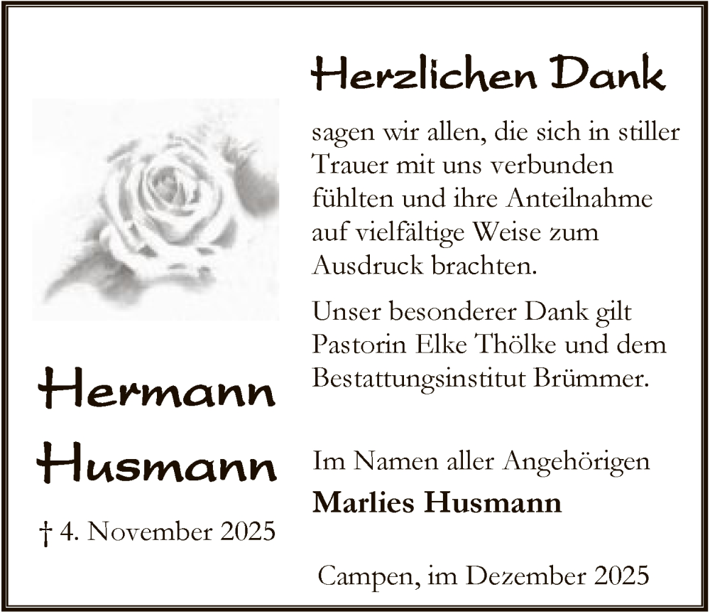  Traueranzeige für Hermann Husmann vom 20.12.2025 aus SYKS