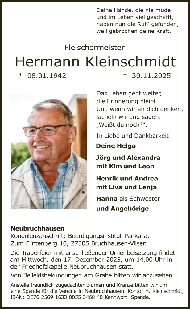  Traueranzeige für Hermann Kleinschmidt vom 05.12.2025 aus SYKS