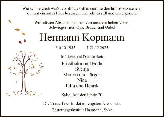 Traueranzeige von Hermann Kopmann von SYKS