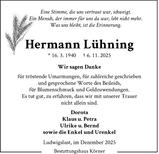 Traueranzeige von Hermann Lühning von SYKS