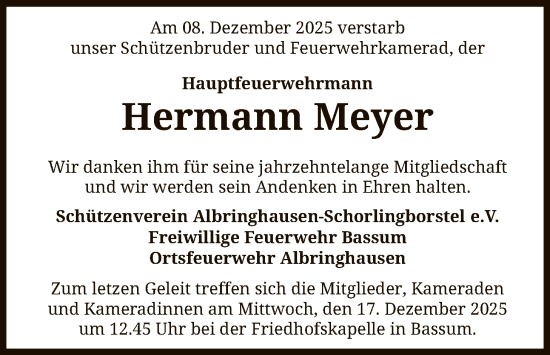 Traueranzeige von Hermann Meyer von SYKS