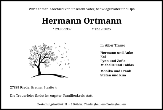Traueranzeige von Hermann Ortmann von SYKSSYKS