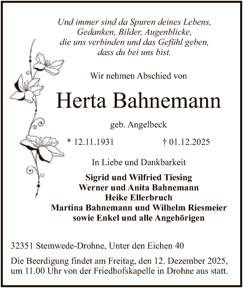  Traueranzeige für Herta Bahnemann vom 06.12.2025 aus SYKS
