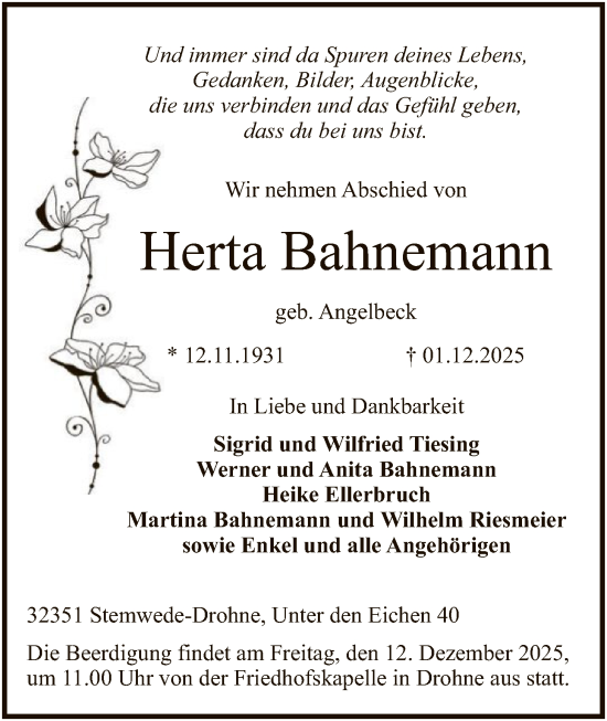 Traueranzeige von Herta Bahnemann von SYKS