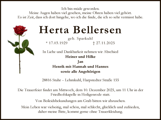 Traueranzeige von Herta Bellersen von SYKS