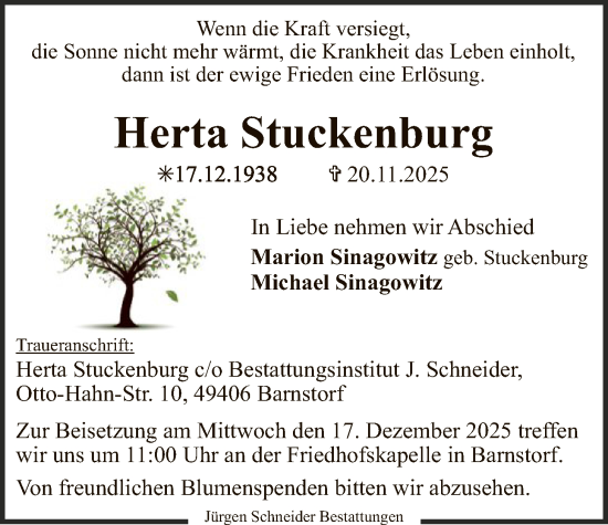 Traueranzeige von Herta Stuckenburg von SYKS