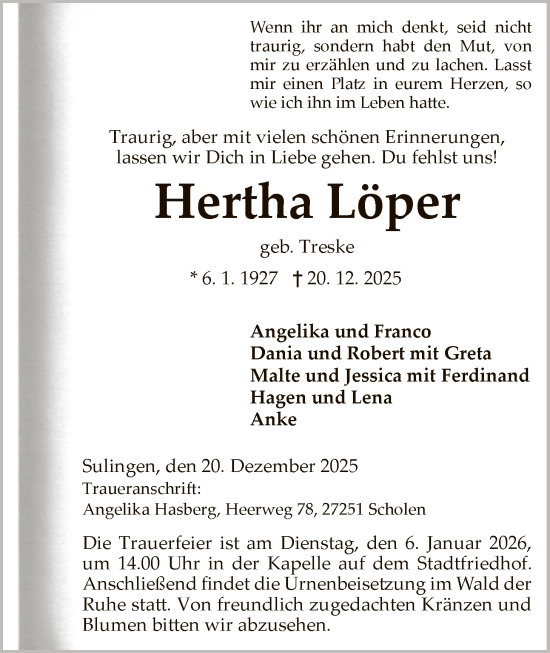 Traueranzeige von Hertha Löper von SYKS