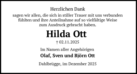 Traueranzeige von Hilda Ott von SYKS