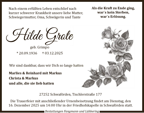 Traueranzeige von Hilde Grote von SYKS