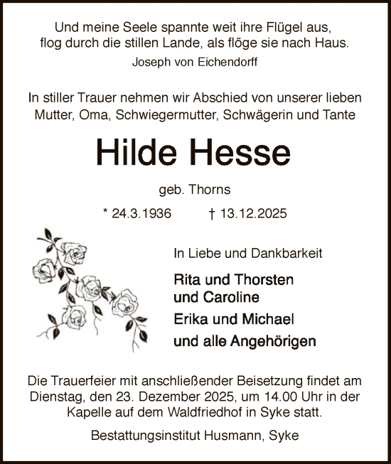 Traueranzeige von Hilde Hesse von SYKS