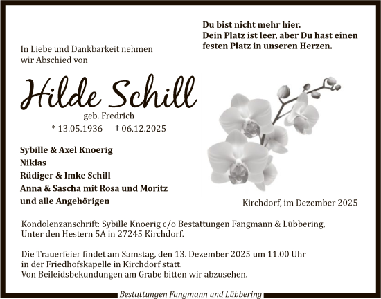 Traueranzeige von Hilde Schill von SYKSSYKS