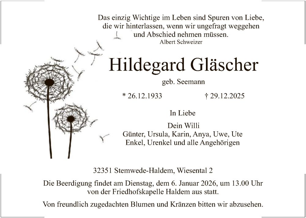 Traueranzeige für Hildegard Gläscher vom 31.12.2025 aus SYKS
