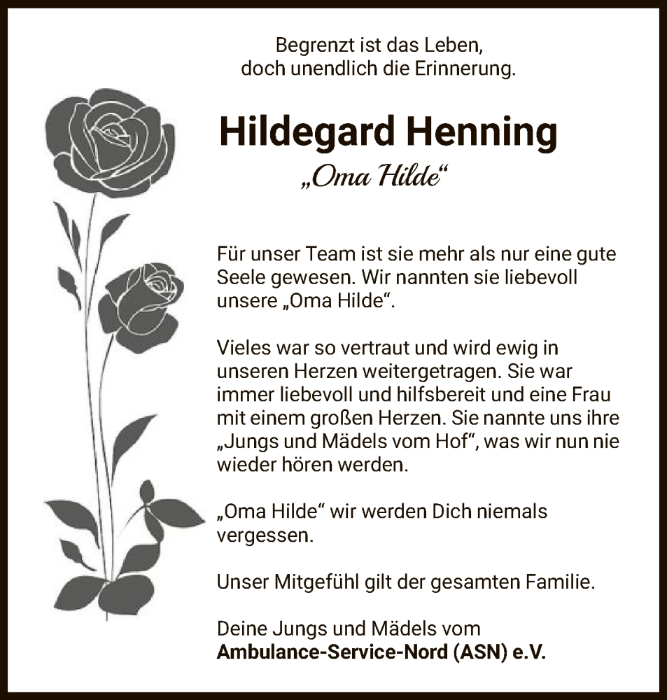  Traueranzeige für Hildegard Henning vom 06.12.2025 aus SYKS