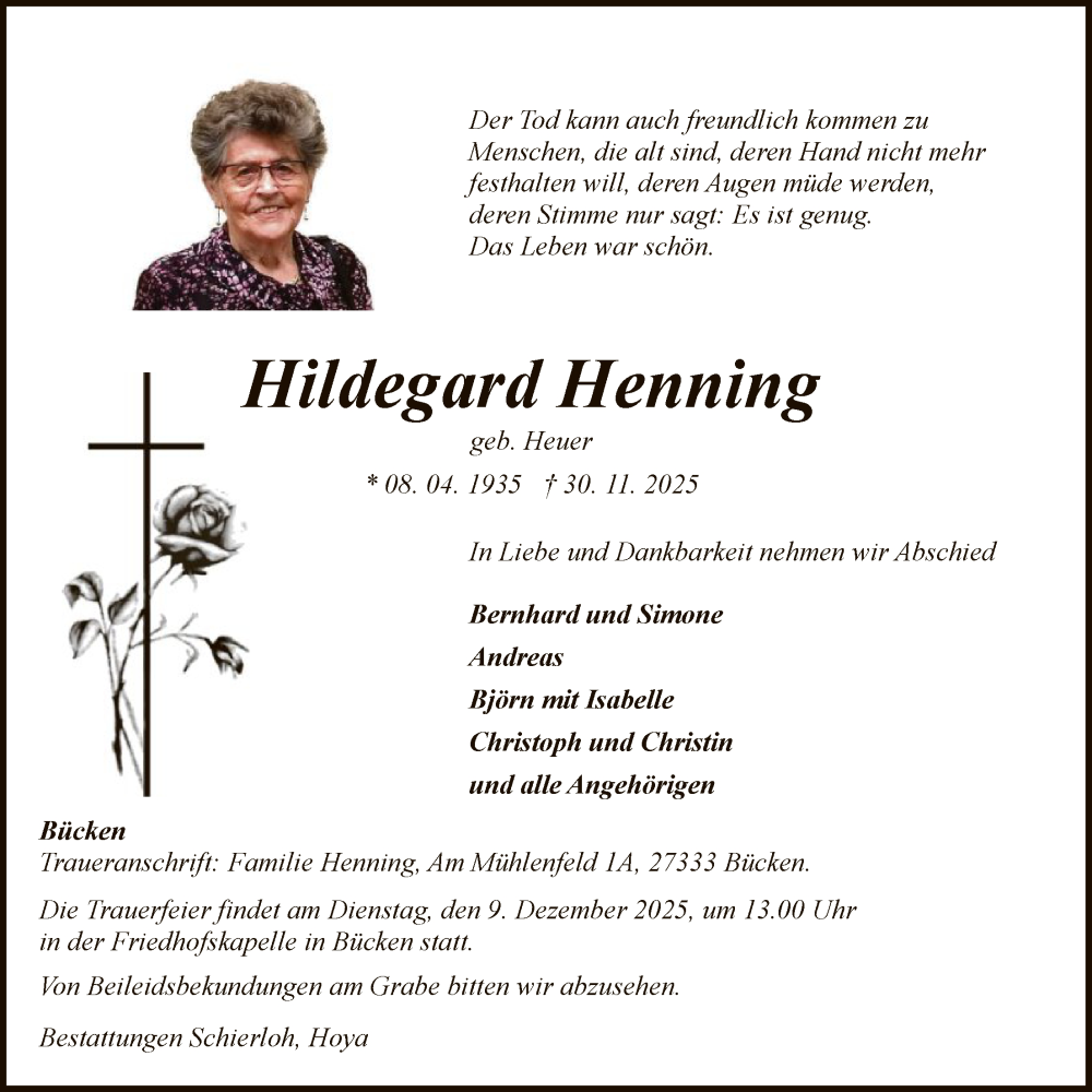  Traueranzeige für Hildegard Henning vom 06.12.2025 aus SYKS