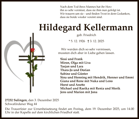 Traueranzeige von Hildegard Kellermann von SYKS