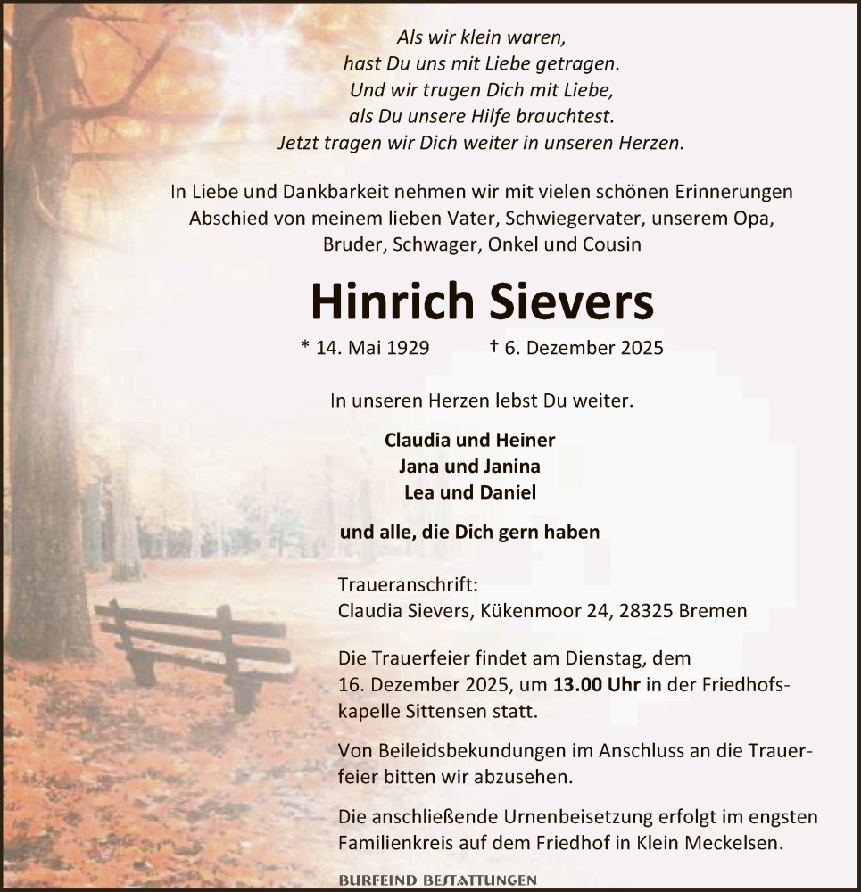  Traueranzeige für Hinrich Sievers vom 13.12.2025 aus SYKR