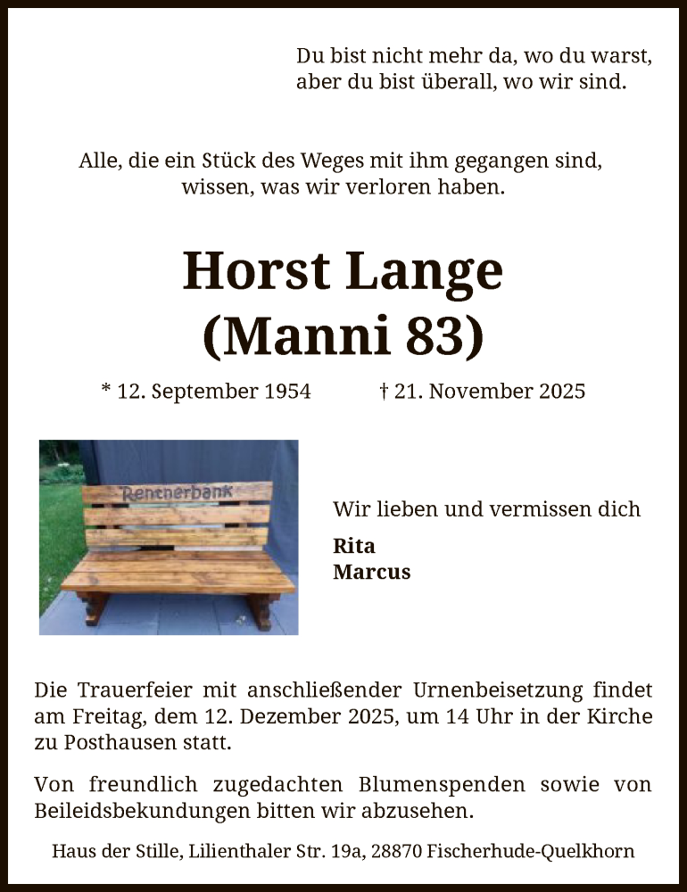  Traueranzeige für Horst Lange vom 06.12.2025 aus SYKS