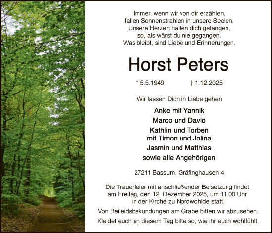 Traueranzeige von Horst Peters von SYKS