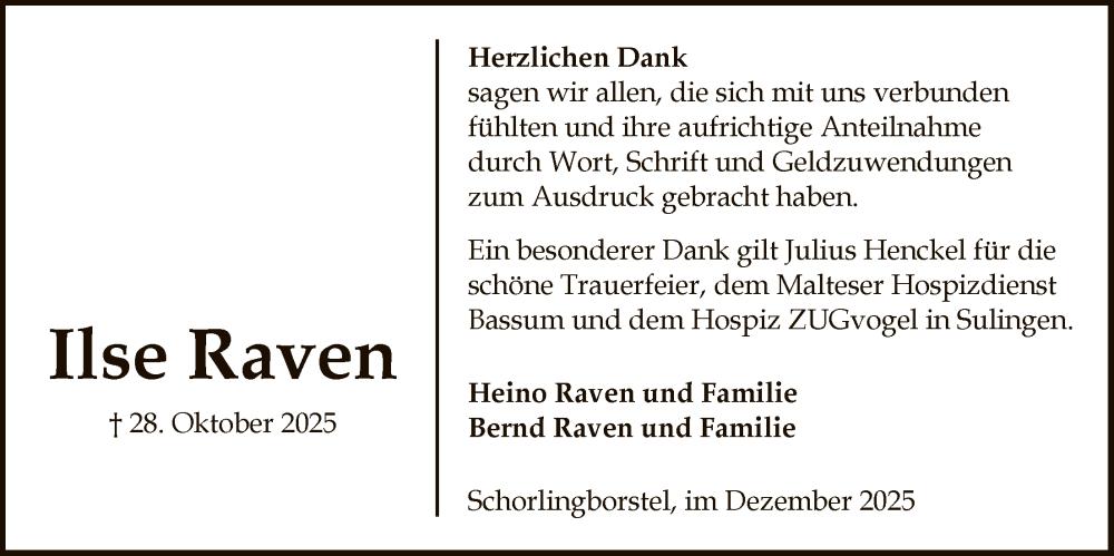  Traueranzeige für Ilse Raven vom 06.12.2025 aus SYKS