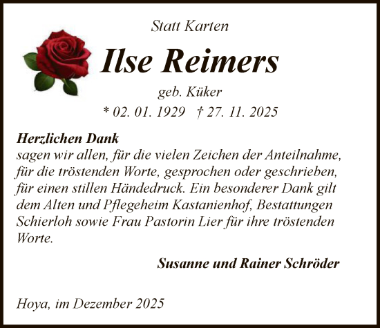 Traueranzeige von Ilse Reimers von SYKS