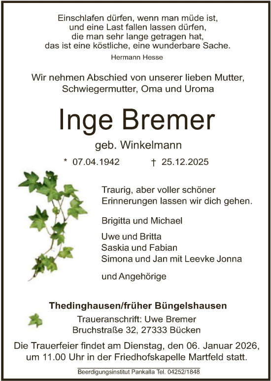 Traueranzeige von Inge Bremer von SYKSSYKS