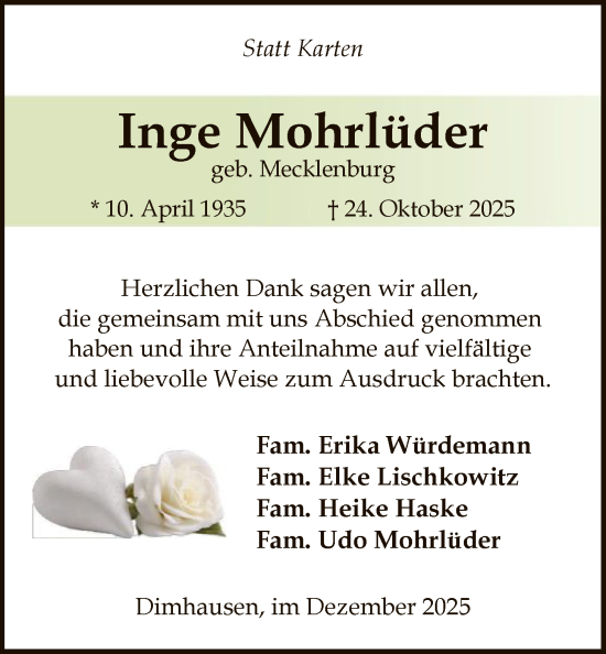 Traueranzeige von Inge Mohrlüder von SYKS
