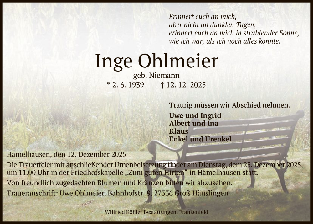  Traueranzeige für Inge Ohlmeier vom 20.12.2025 aus SYKS