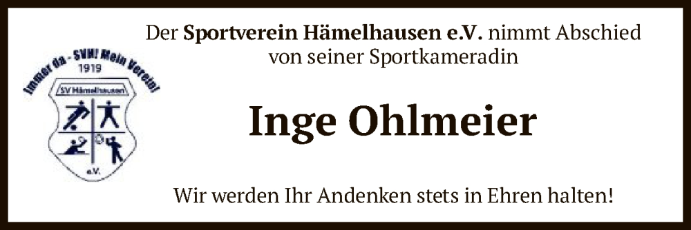  Traueranzeige für Inge Ohlmeier vom 30.12.2025 aus SYKS