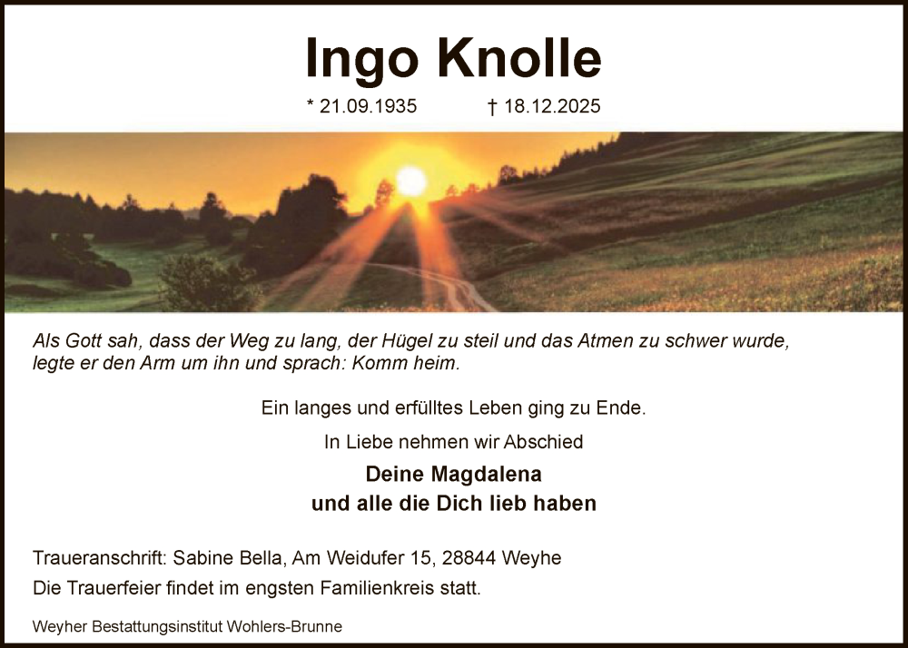  Traueranzeige für Ingo Knolle vom 31.12.2025 aus SYKS