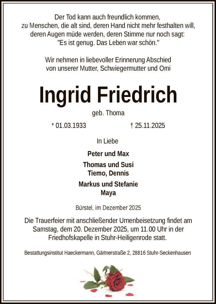  Traueranzeige für Ingrid Friedrich vom 06.12.2025 aus SYKS