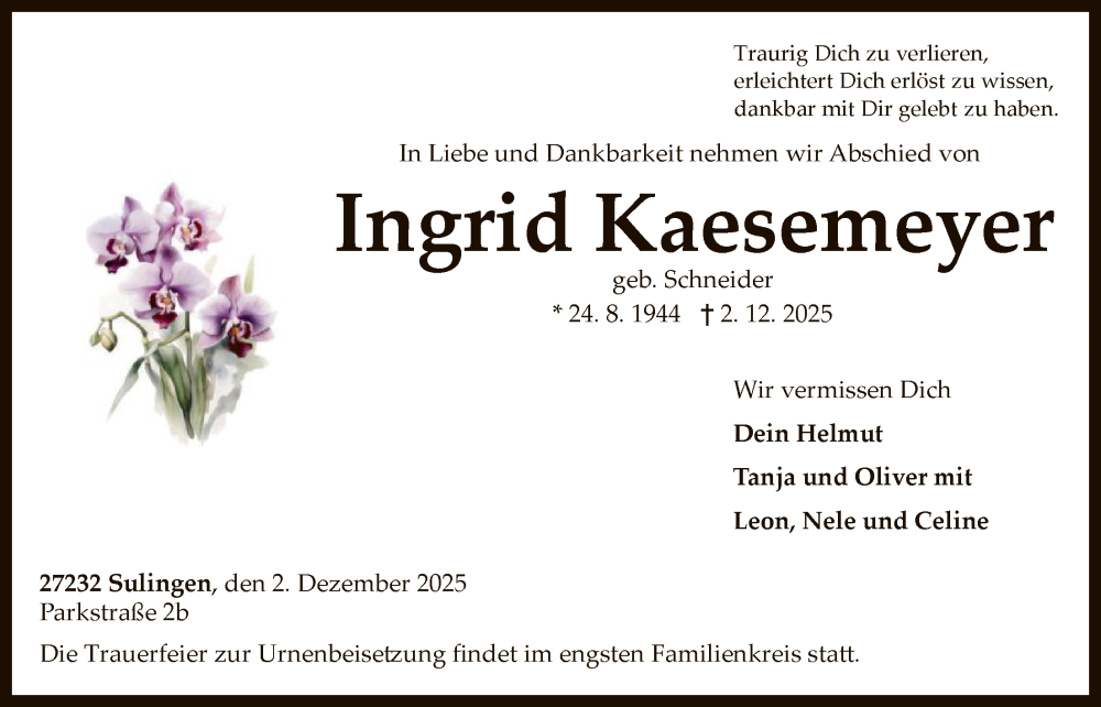  Traueranzeige für Ingrid Kaesemeyer vom 13.12.2025 aus SYKS