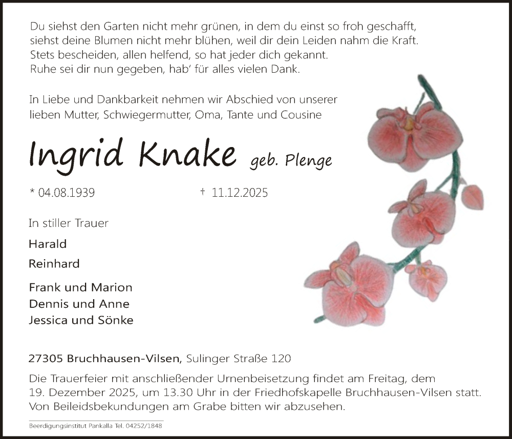  Traueranzeige für Ingrid Knake vom 16.12.2025 aus SYKS