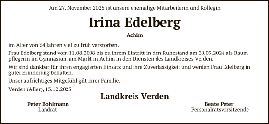 Traueranzeige von Irina Edelberg von SYKS