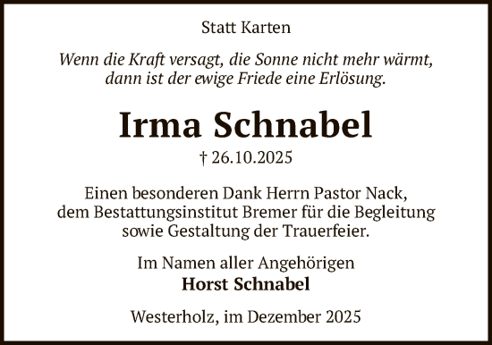 Traueranzeige von Irma Schnabel von SYKR