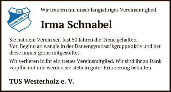 Traueranzeige von Irma Schnabel von SYKR