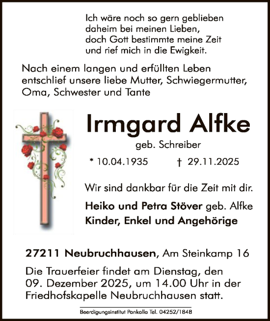 Traueranzeige von Irmgard Alfke von SYKSSYKS